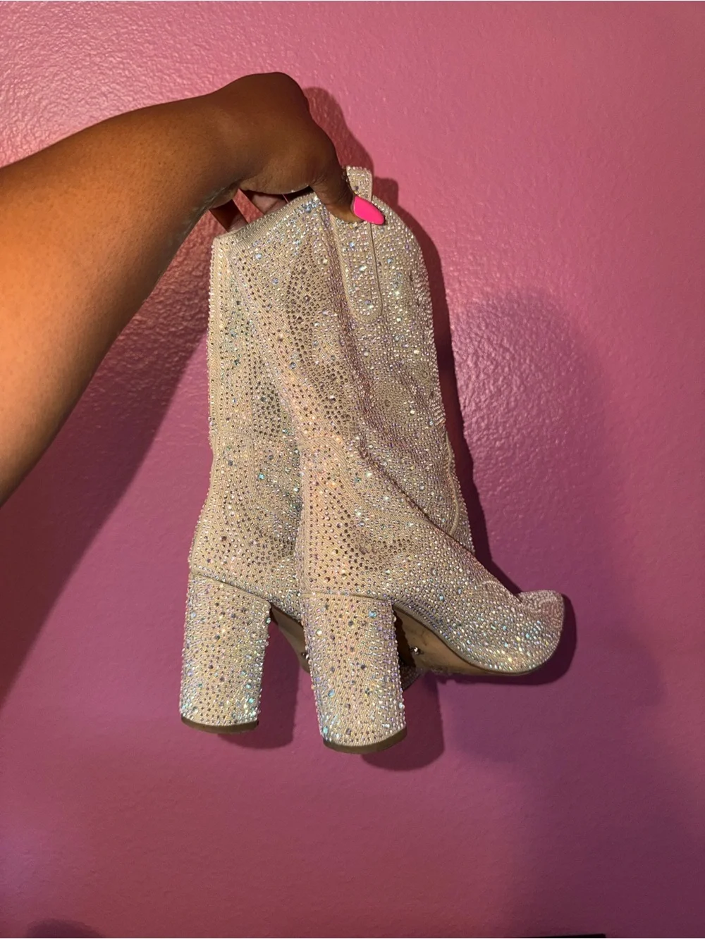 Sparkling Rhinestone Block Heel Ankle Boots - Light Champagne - Picture 1 of 4